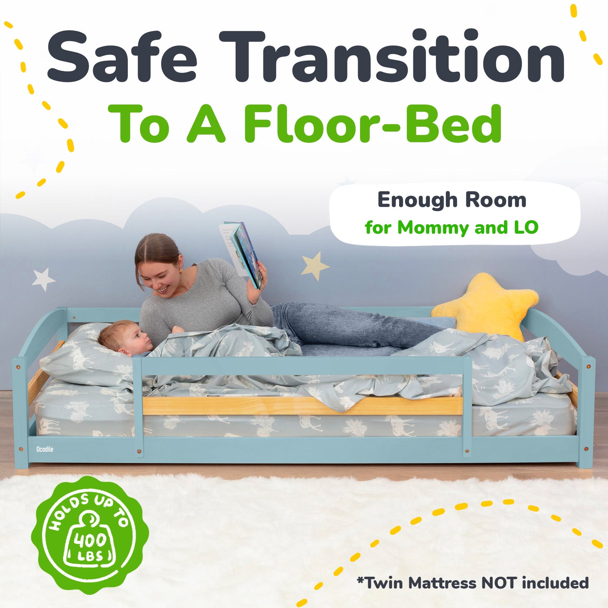 Child reading to a baby in a floor-bed with text about safe transition to a floor-bed.