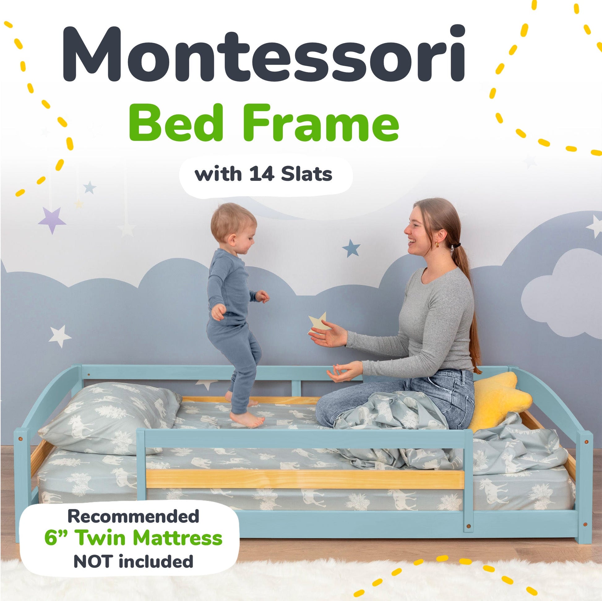 Montessori bed frame with 14 slats, child, and adult in a bedroom setting.