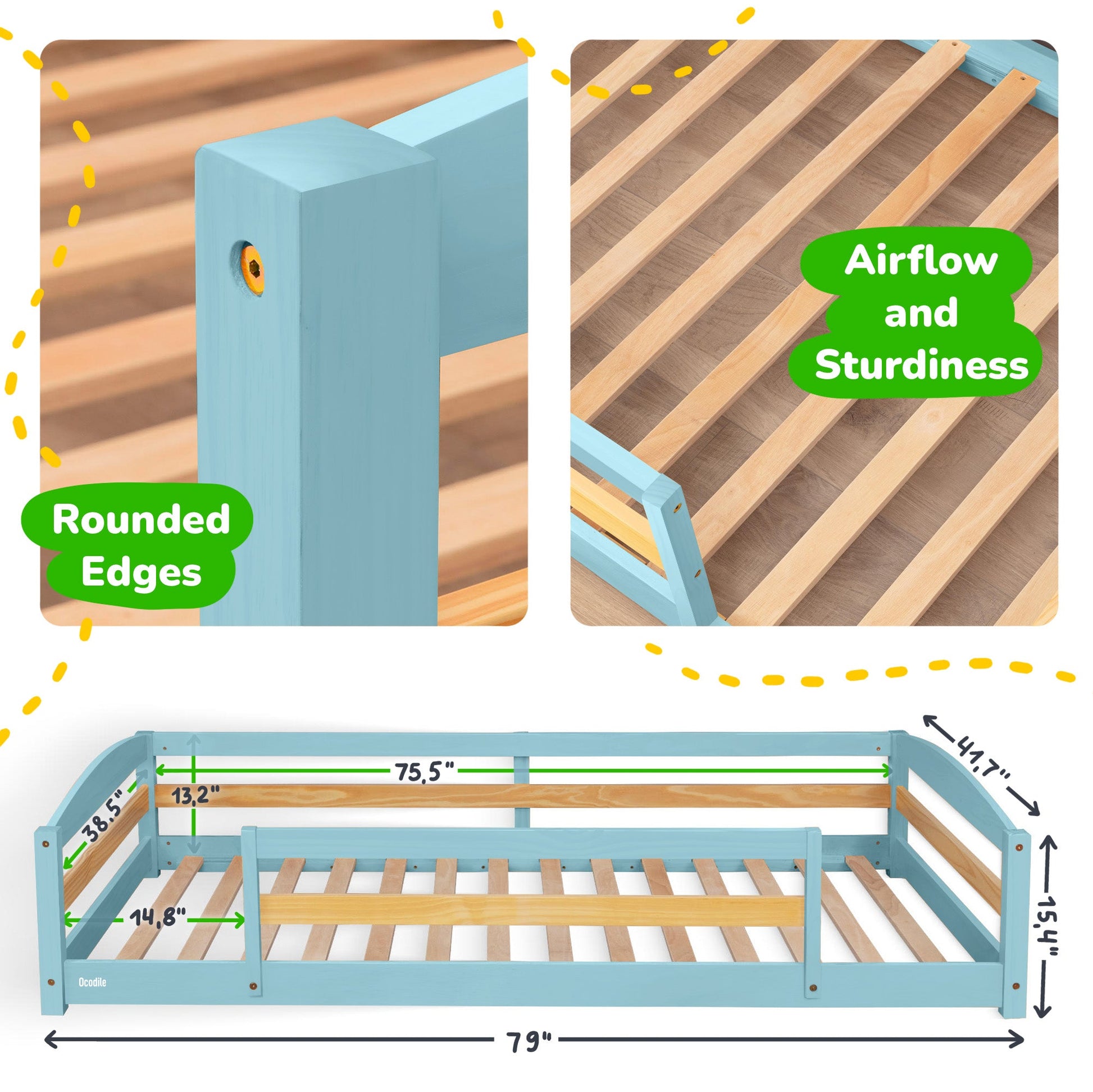 Children's bed with rounded edges and airflow design, featuring measurements and text on a wooden background.