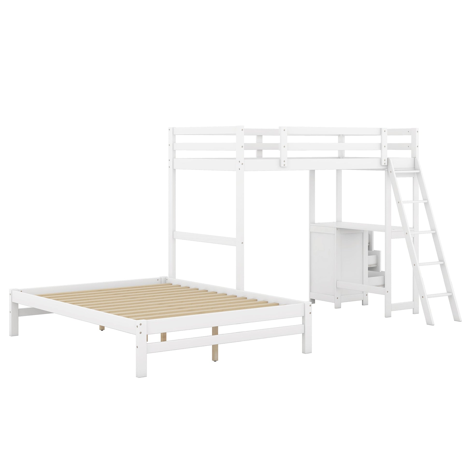 White bunk bed with wooden slats on a white background