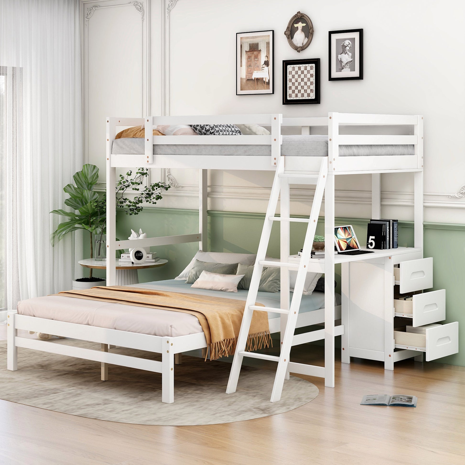Twin over Full size white loft bunk bed with desk in a room with green walls and decor.