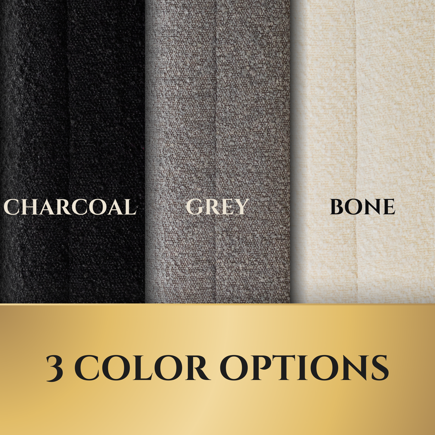 Three fabric swatches labeled 'Charcoal', 'Grey', and 'Bone'
