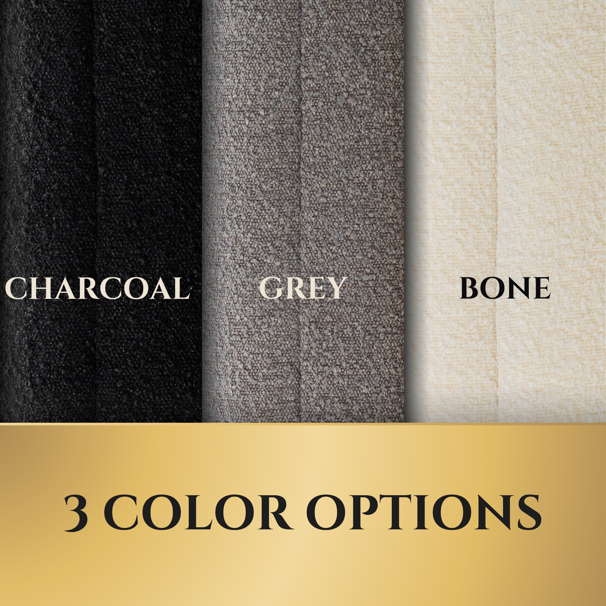 Three fabric swatches labeled 'Charcoal', 'Grey', and 'Bone'