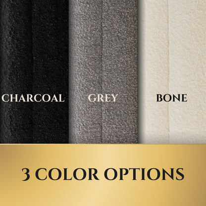 Three fabric swatches labeled 'Charcoal', 'Grey', and 'Bone'