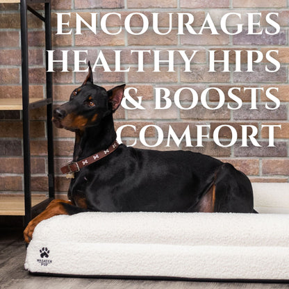 Dog lying on a white pet bed with text about healthy hips and comfort.