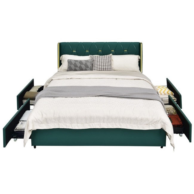 Green bed with gold accents in a full size with storage drawers