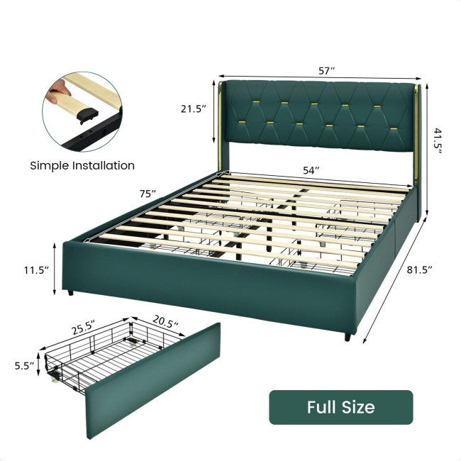 Luxury full size green bed frame with dimensions and installation instructions on a white background