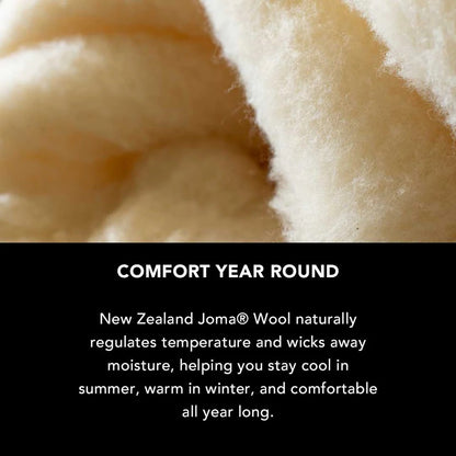 Close-up of New Zealand Joma Wool with text highlighting its year-round comfort properties.