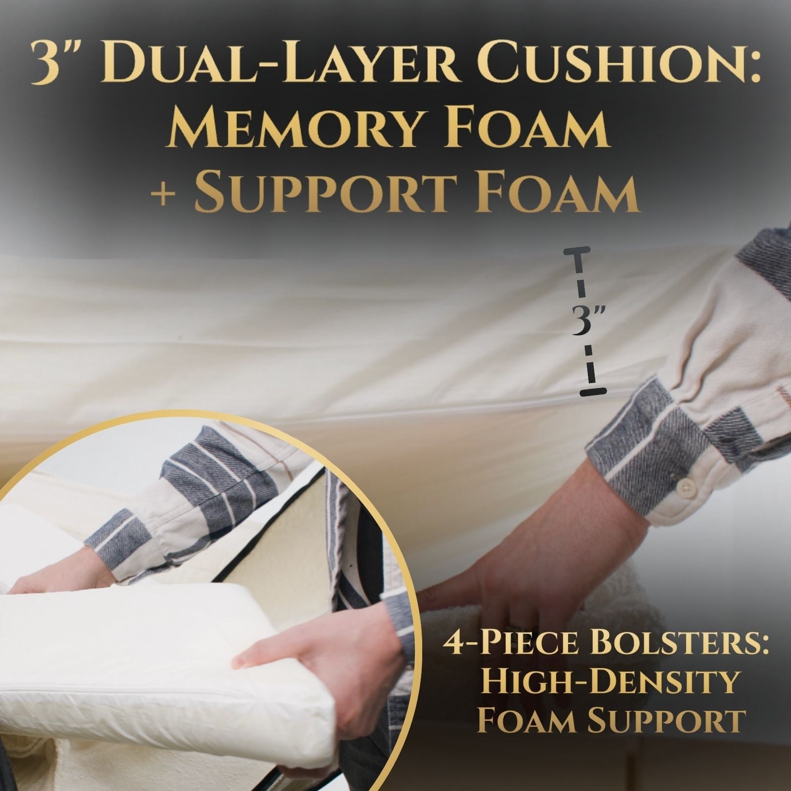 3-inch dual-layer memory foam and support foam mattress topper with text overlay.