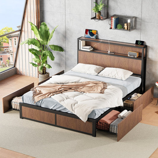 Wooden luxury storage platform bed with storage drawers in a bedroom setting