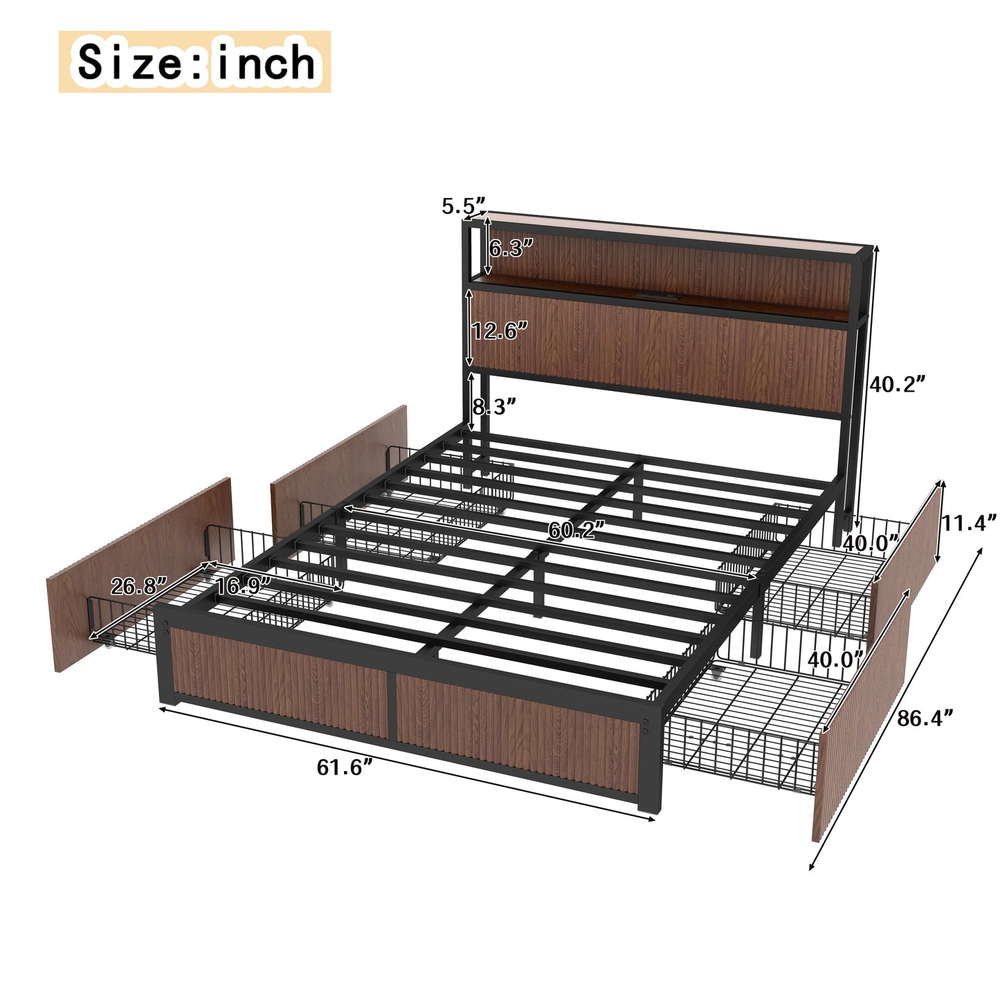 Queen bed frame with dimensions labeled on a white background