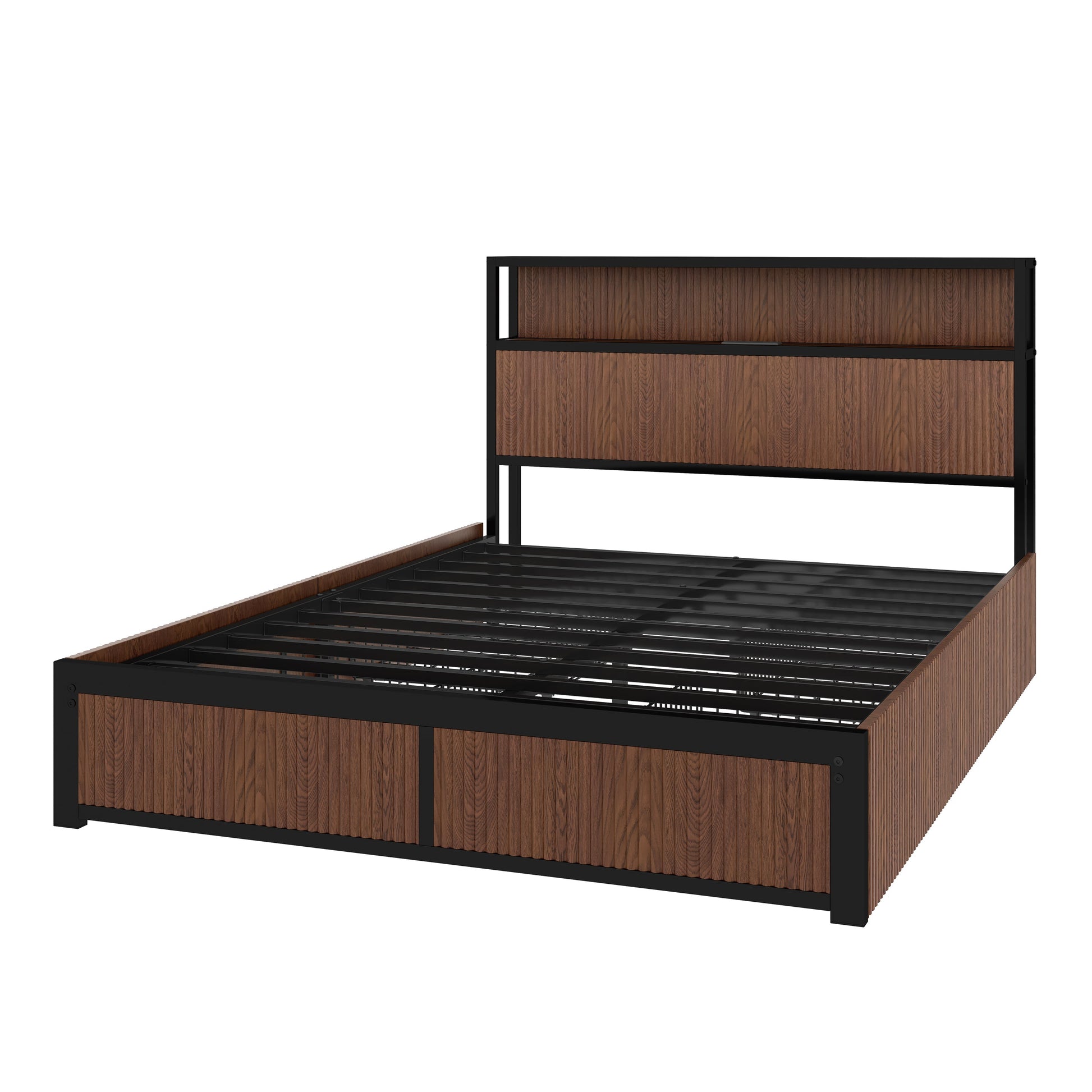 Queen metal and wooden bed frame with drawers and bookshelf