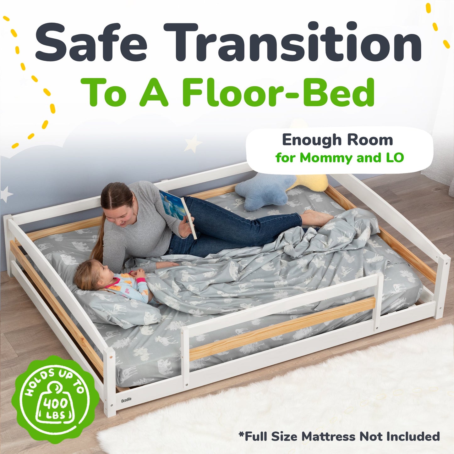 Woman reading to a child in a floor-bed with safety rails, suitable for a safe transition to a full-size bed.