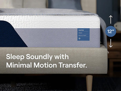 Nectar mattress on a bed with text highlighting minimal motion transfer.