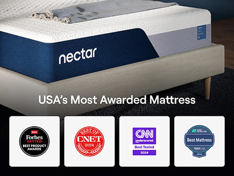 Nectar mattress with awards displayed on a dark background
