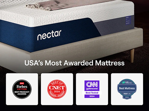Nectar mattress with awards displayed on a dark background