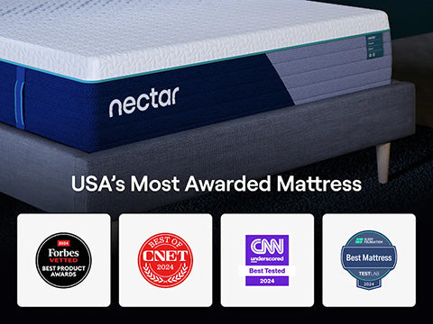 Nectar mattress with awards displayed on a dark background