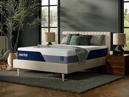 Nectar mattress in a bedroom setting with decor elements.