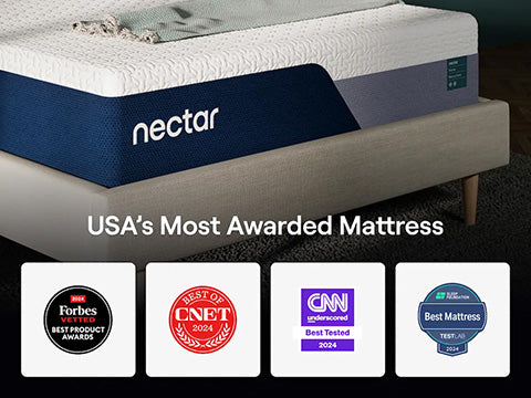 Nectar mattress with awards displayed on a dark background