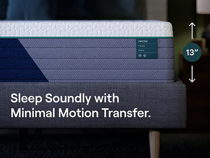 Nectar mattress with text 'Sleep Soundly with Minimal Motion Transfer' and '13"' height indicator.