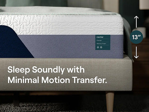 Nectar mattress on a bed with text 'Sleep Soundly with Minimal Motion Transfer.'