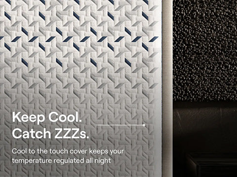 Textured cooling cover with patterned surface and promotional text on a dark background