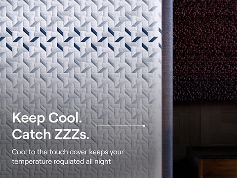 Textured mattress cover with cooling properties and text 'Keep Cool. Catch ZZZs.'