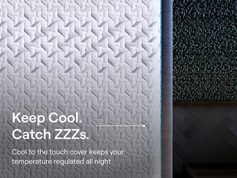 Textured mattress cover with cooling properties and text 'Keep Cool. Catch ZZZs.'