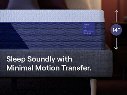 Nectar mattress with text 'Sleep Soundly with Minimal Motion Transfer' and '14"' height indication.