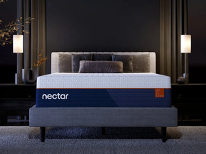 Nectar mattress on a bed in a darkly decorated room