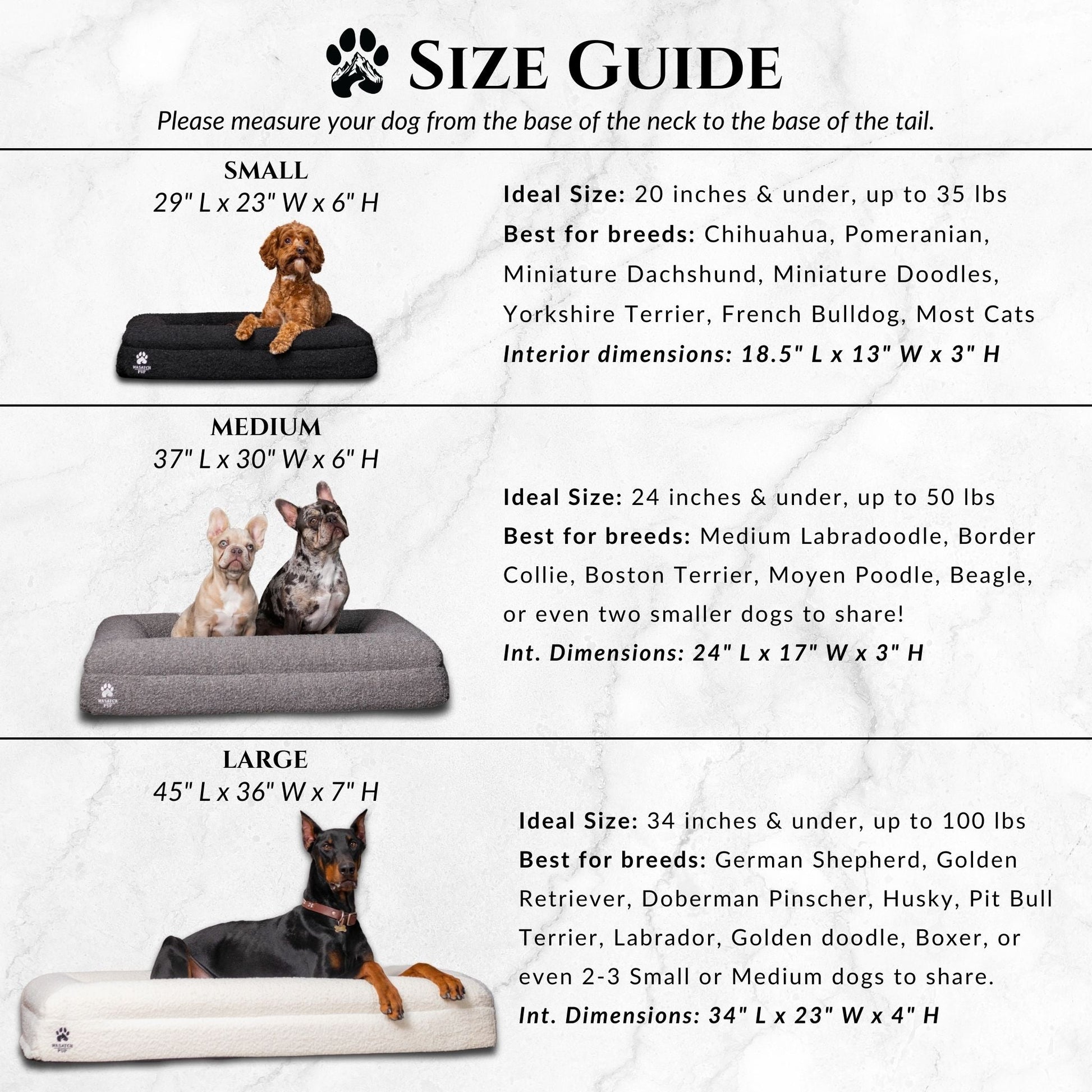 Size guide for dog beds with measurements and ideal dog sizes.