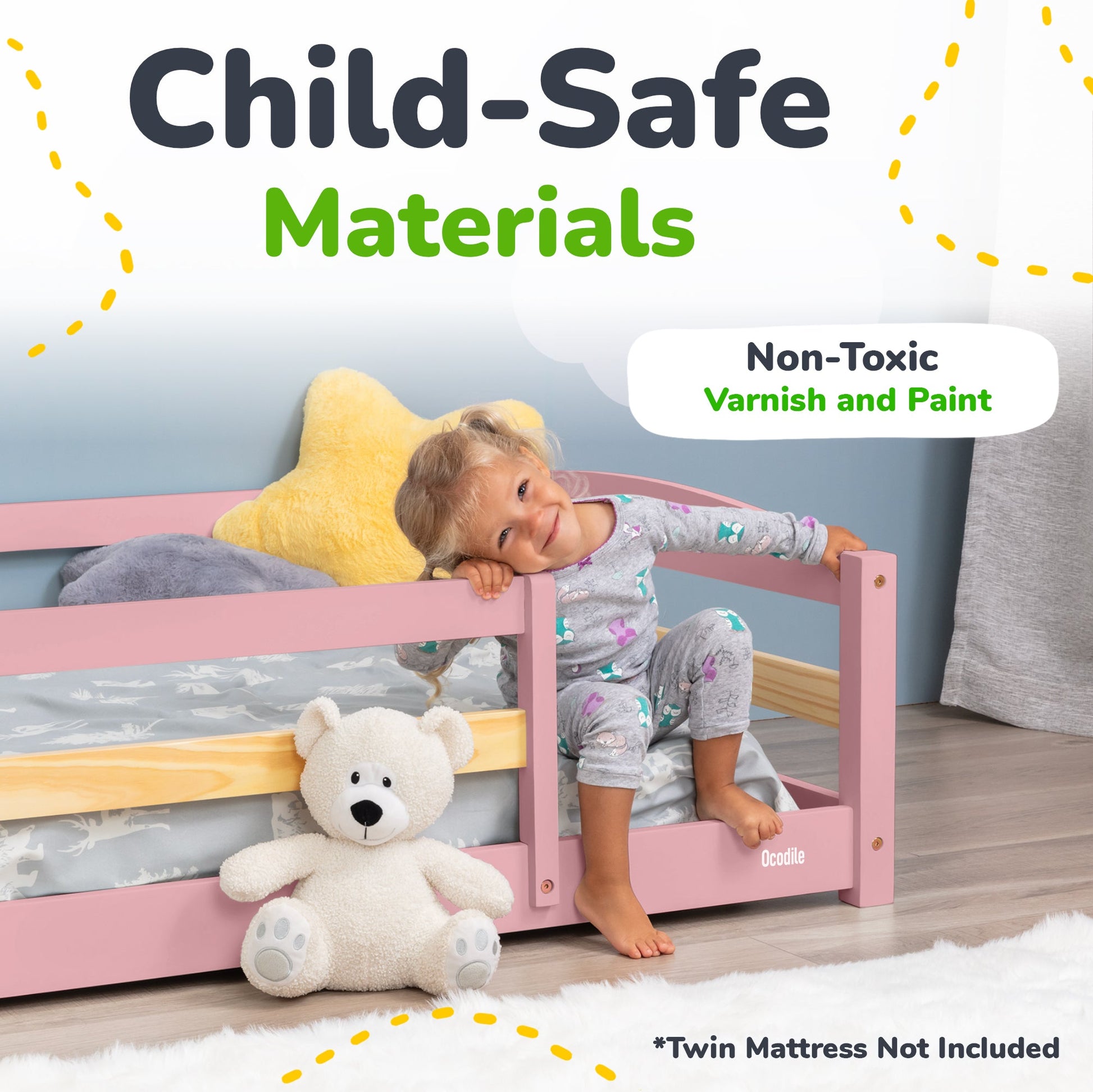 Child in a pink bed with a teddy bear, surrounded by text about child-safe materials and non-toxic varnish and paint.
