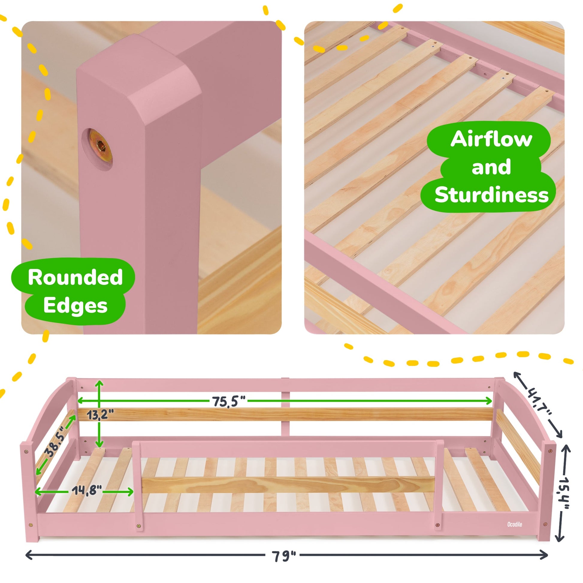 Pink children's bed with wooden slats, rounded edges, and measurements displayed.