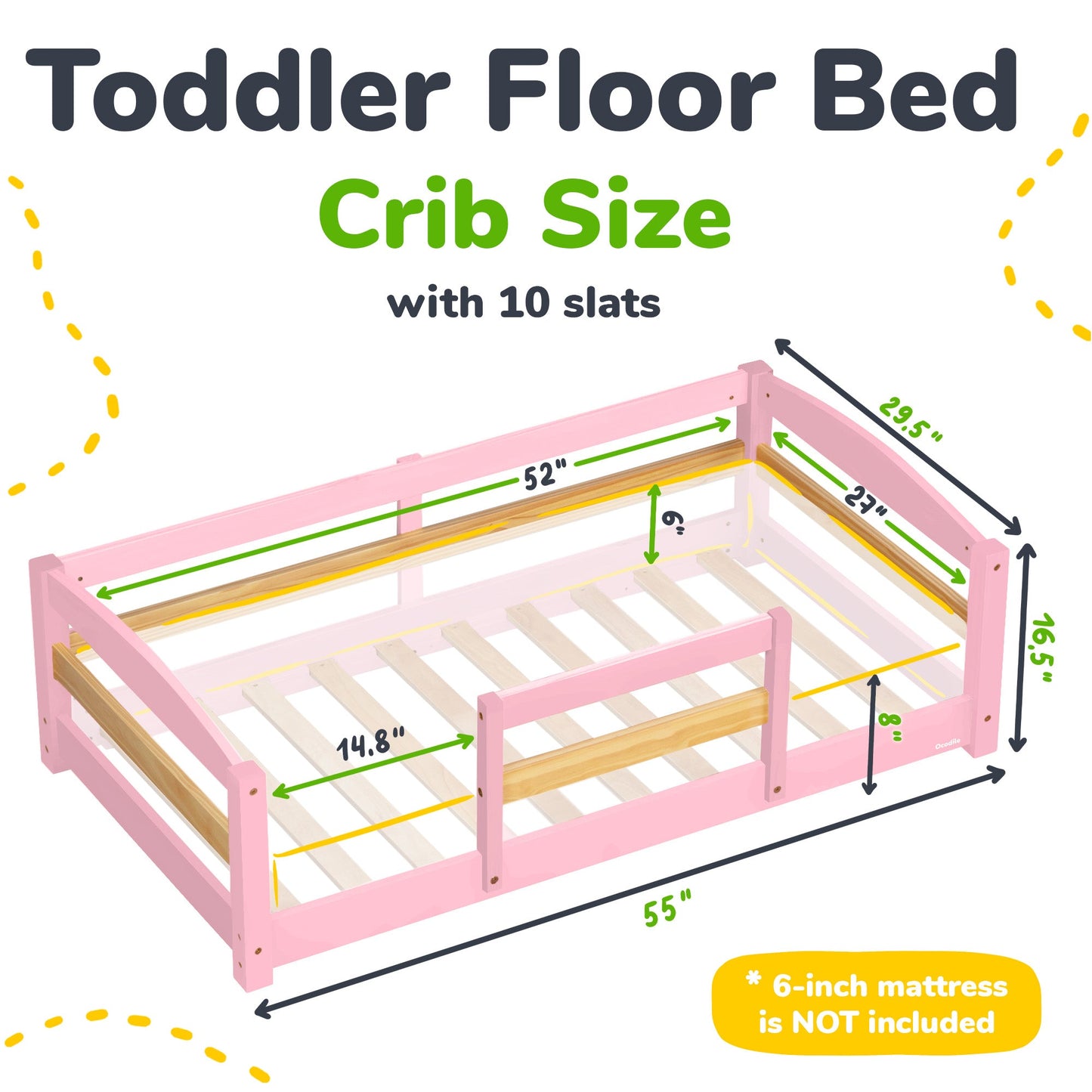 Measurement chart of a pink toddler floor bed with dimensions labeled