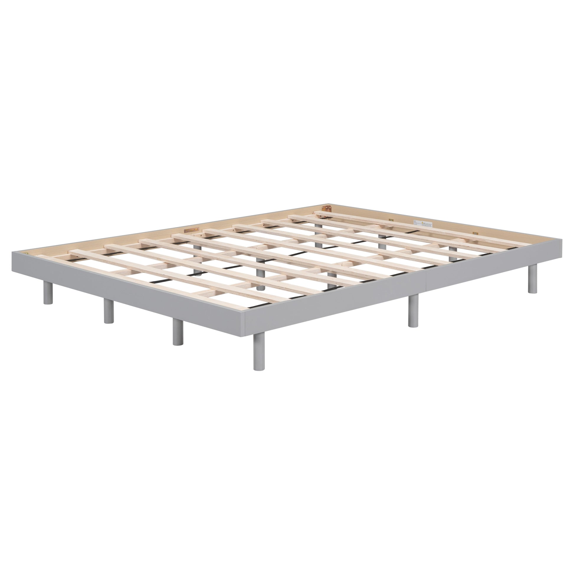 Bed frame with wooden slats on a white background