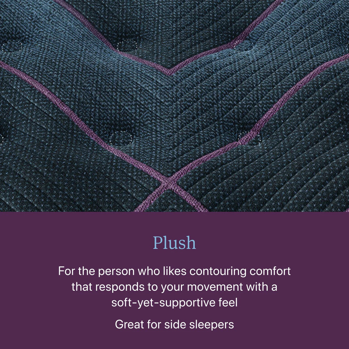 Text description of plush product with purple background
