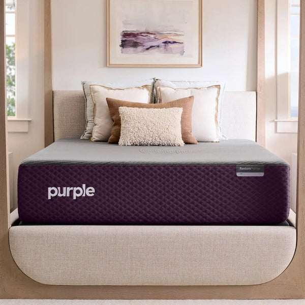 Purple RestorePremier™ Hybrid Mattress in modern bed frame