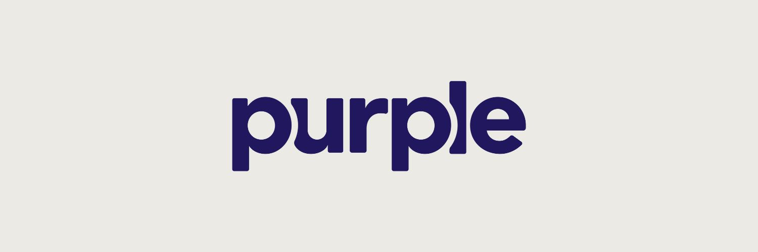 Purple logo on a light gray background