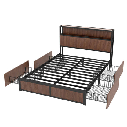 Queen size metal bed frame with wooden headboard and footboard on a white background