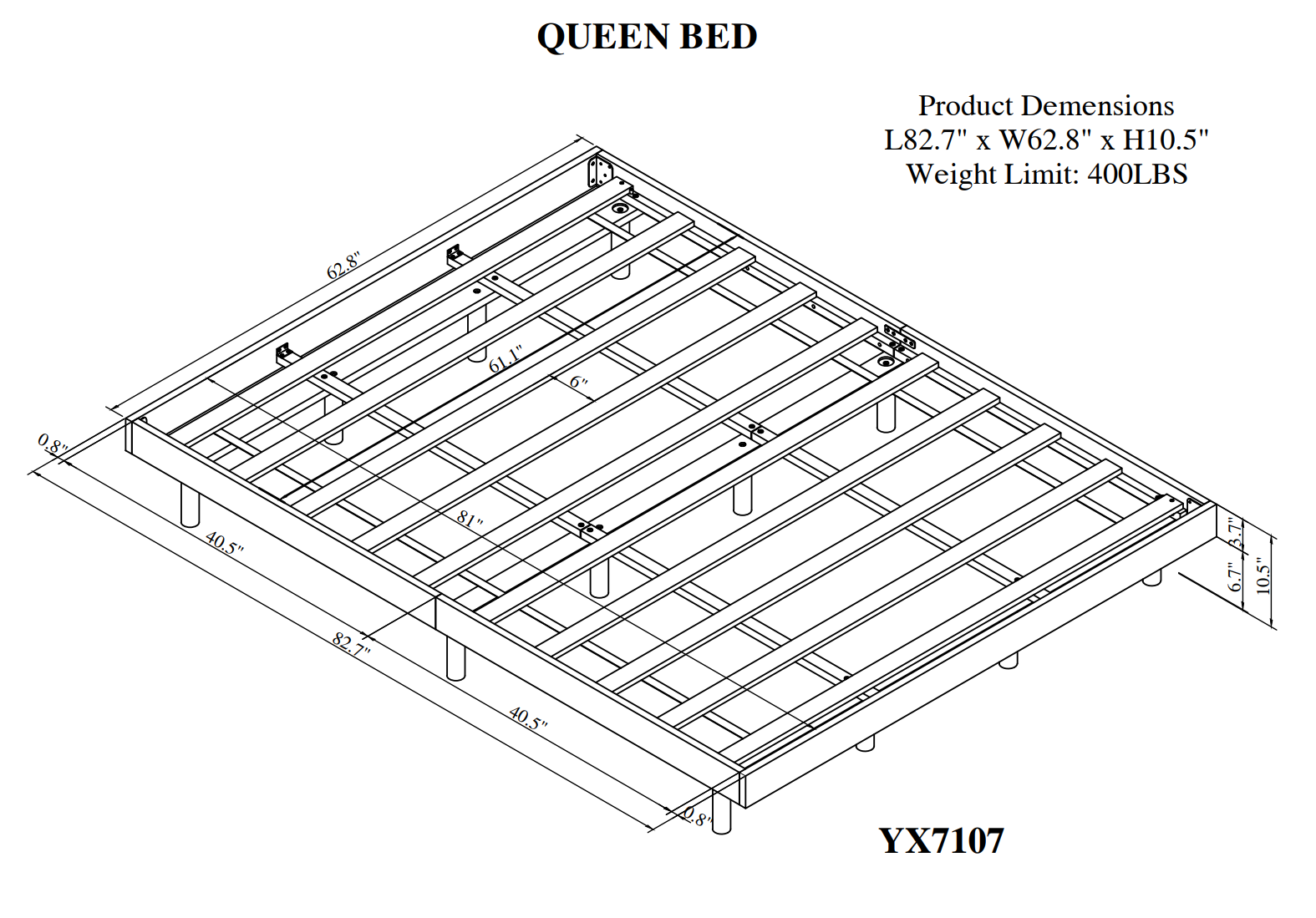 Technical drawing of a queen bed frame with dimensions and product details.