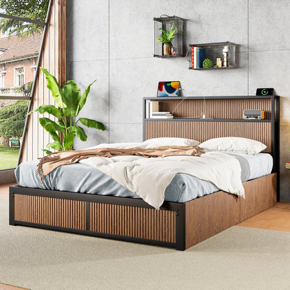 Queen size wooden bed with shelves in a bedroom setting