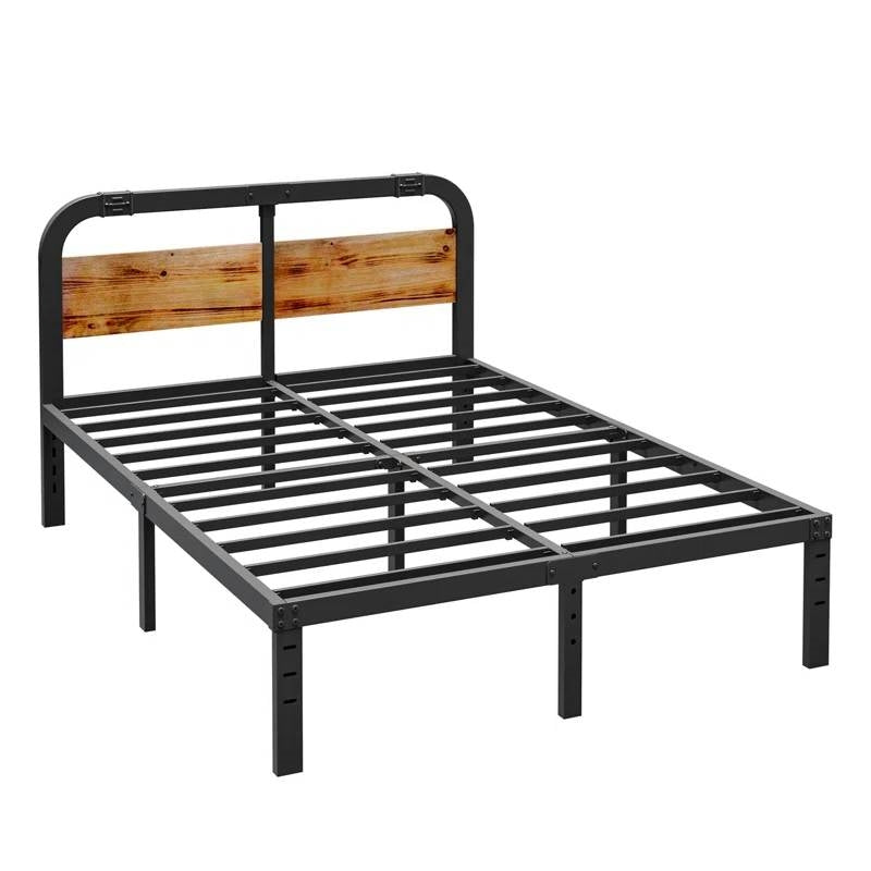 Queen black metal bed frame with wooden headboard on a white background