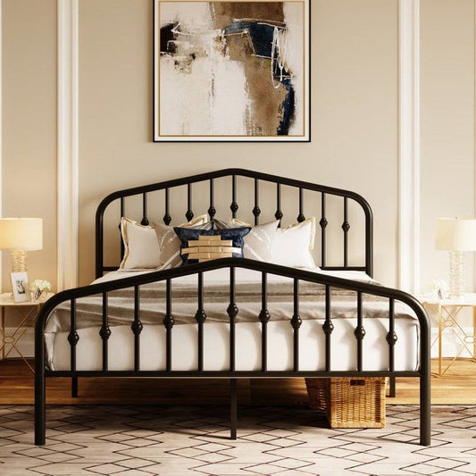 Queen black metal farmhouse bed frame with white bedding