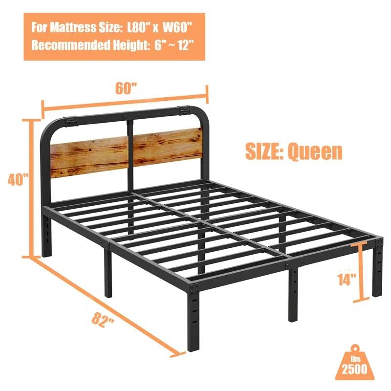 Queen-sized bed frame with dimensions and mattress size information on a white background