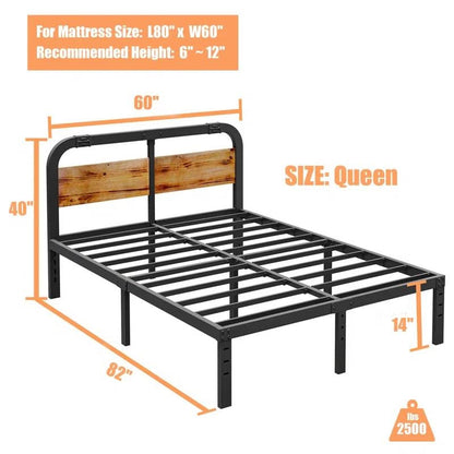 Queen-sized bed frame with dimensions and mattress size information on a white background