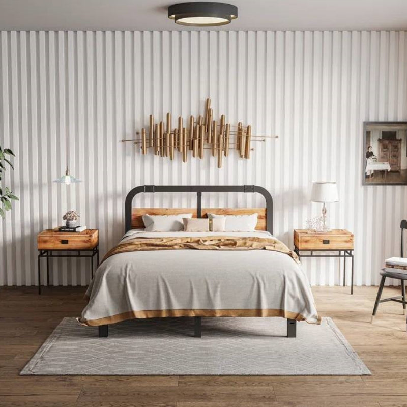 Queen size metal and wood sturdy bed frame in beautiful room