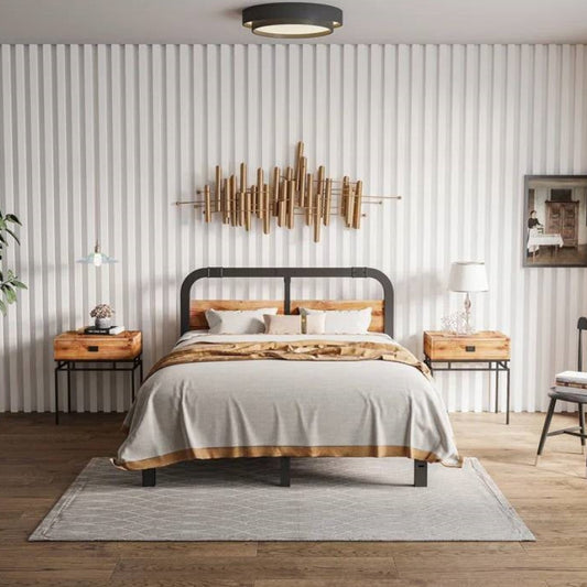 Queen size metal and wood sturdy bed frame in beautiful room