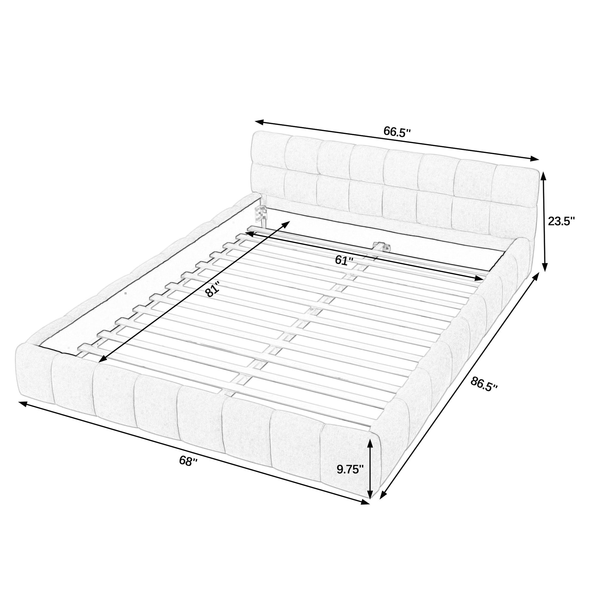 Queen bed frame with dimensions labeled on a white background