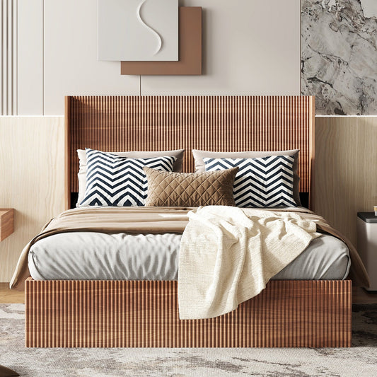 Queen size wooden bed frame, pillows, and a abstract wall art.