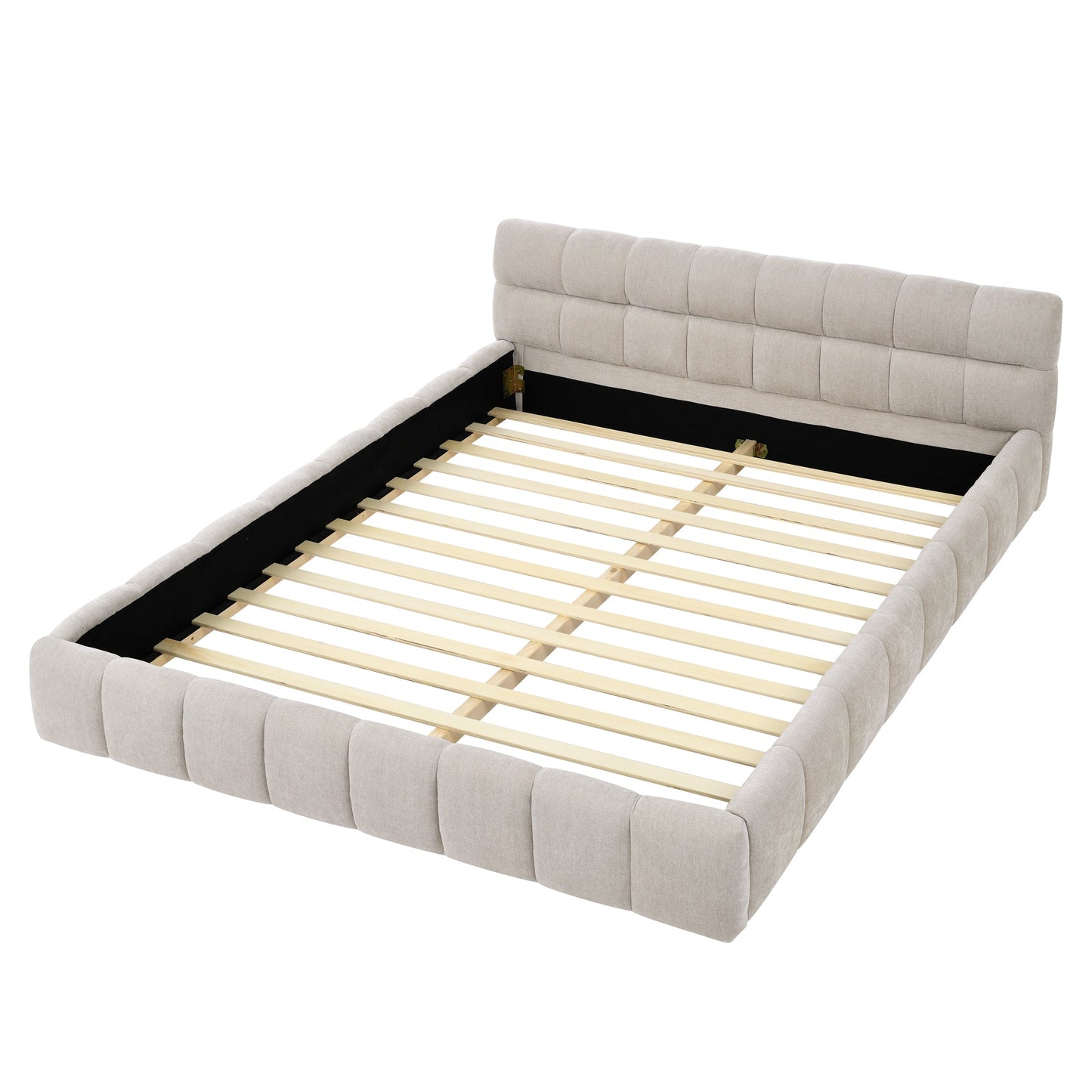 Beige upholstered bed frame with wooden slats on a white background